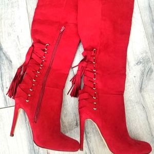Red Faux Suede over the knee high heel boots